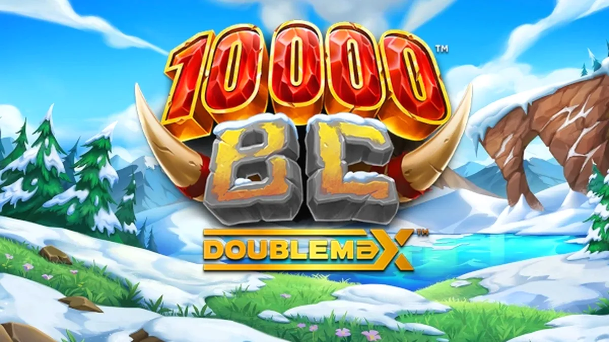 Interface de jogo do slot 10000 BC DoubleMax mostrando símbolos Gigablox e o multiplicador.